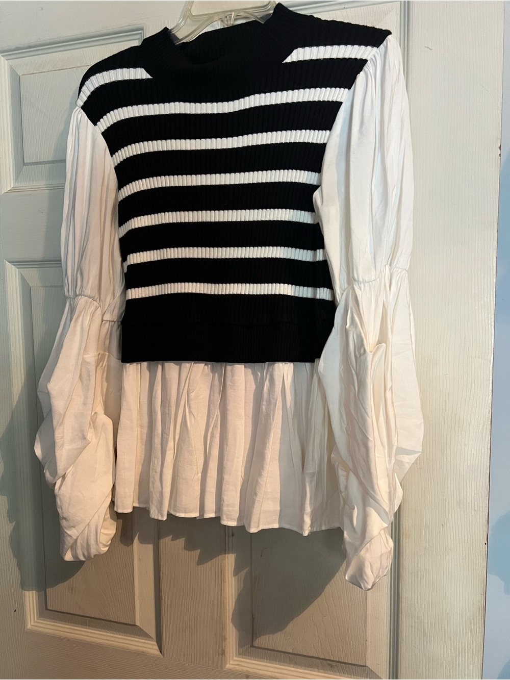 English Factory - Striped Knit Vest Overlay Blouse - Black & White
